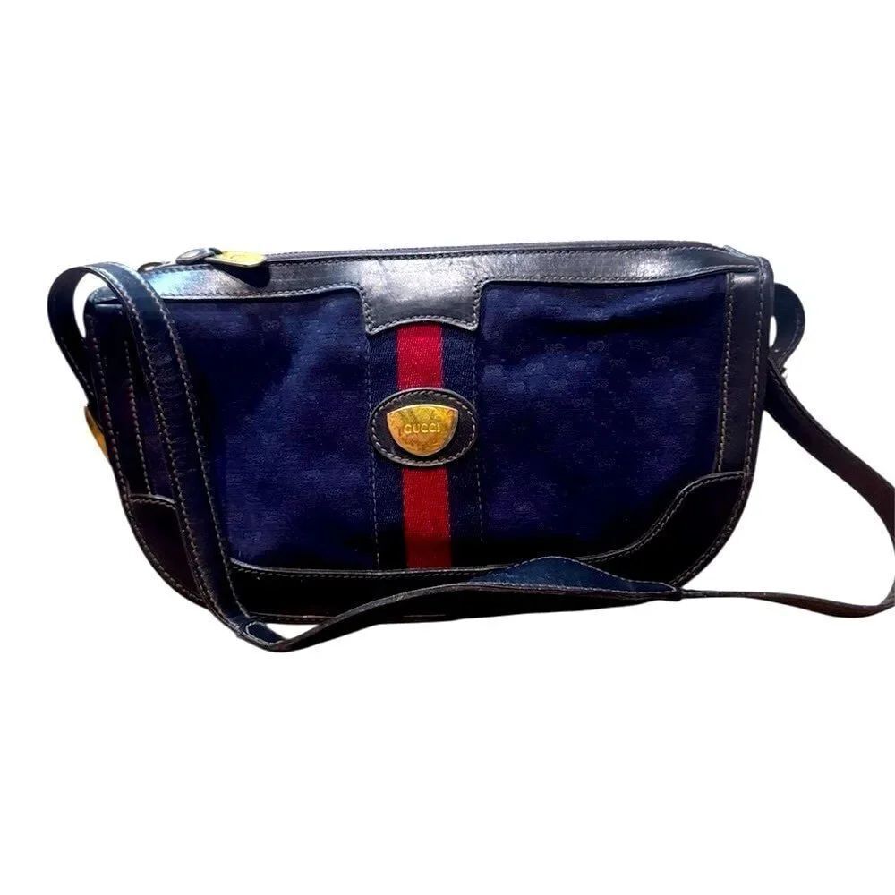 Gucci Vintage Navy Blue Canvas & Leather Sherry Line Messenger Bag Monogram Auth